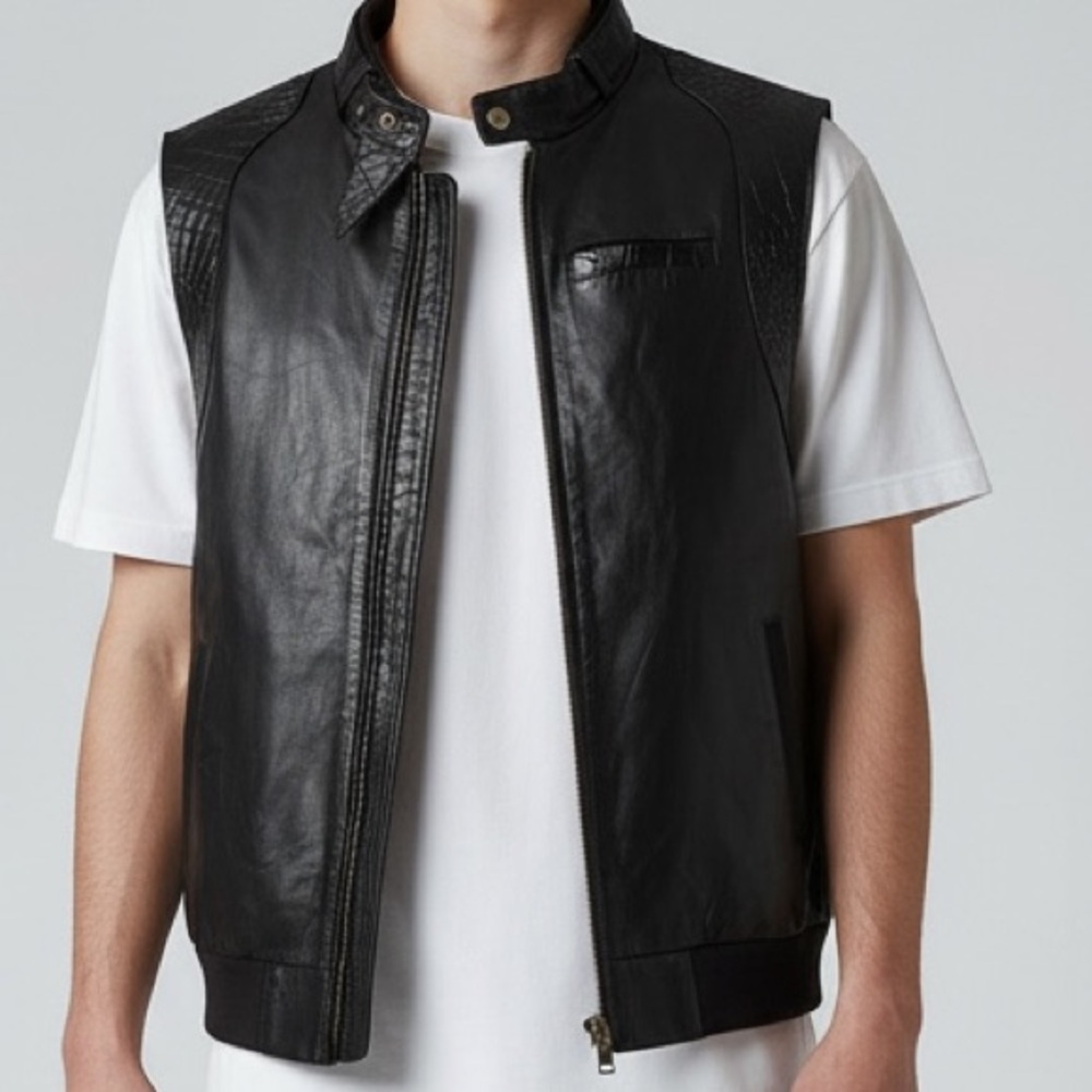 KID DANGEROUS Grime Couture Black Leather Vest Croc Embossed Trim Moto Biker M